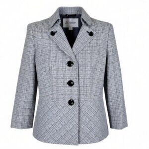 Le Suit Blazer Size 8P Black White Textured Slit Cuff Lightweight 3/4 Sleeve